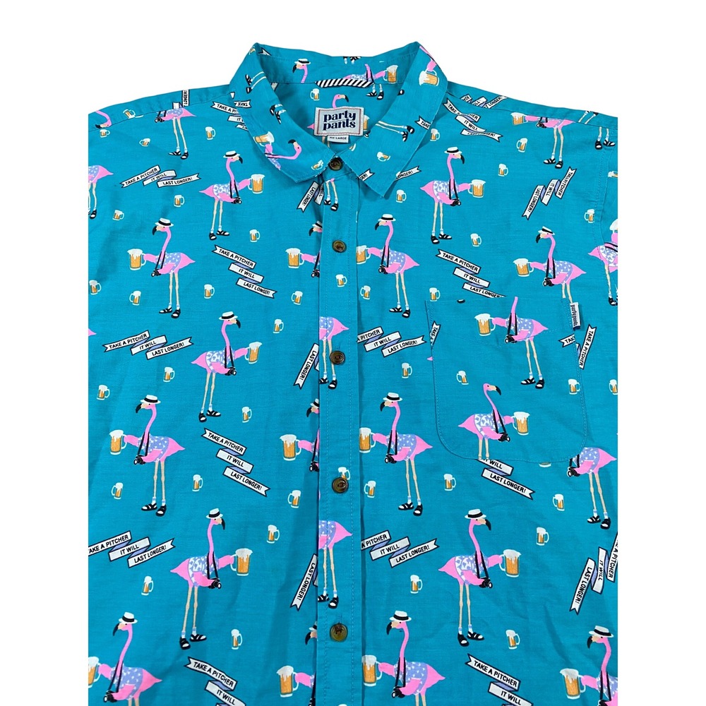Party Pants Mens‎ XXL Flamingo Beer Novelty Print Button Down Shirt Teal